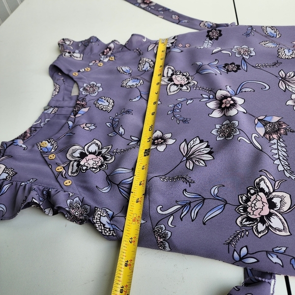Ann Taylor LOFT Purple White Floral Shift Dress Flutter Sleeves Womens Belt SP - Picture 9 of 15